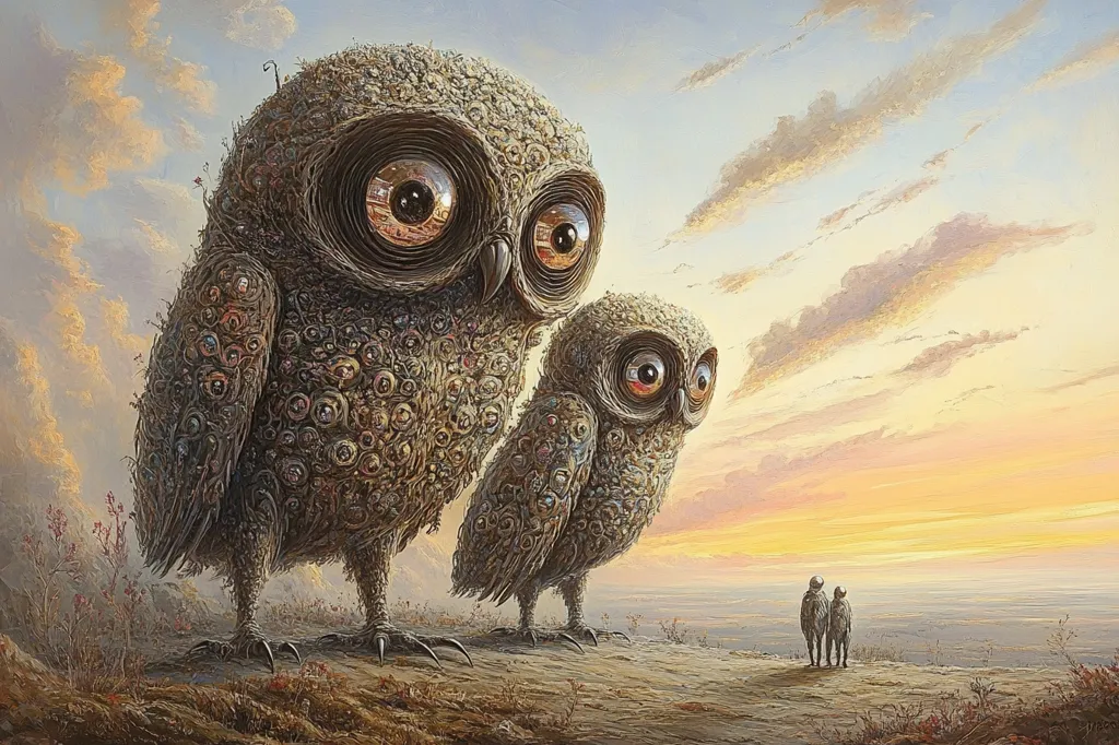 Two owls, one large and one small, stand on a cliff overlooking a vast landscape. Their bodies are covered in numerous small eyes, giving them a disturbing appearance. The sky is filled with wispy clouds, and the setting sun casts a warm glow over the scene. Three figures, barely visible in the distance, observe the owls from below. The painting evokes a sense of mystery and the unknown.