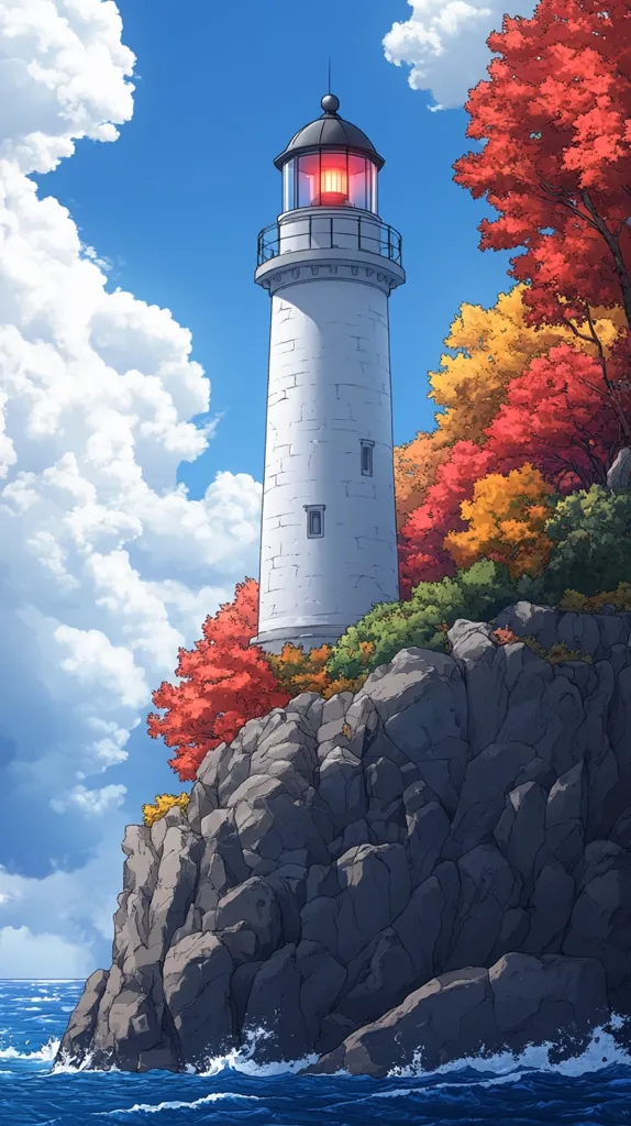 A white lighthouse stands tall on a rocky cliff, with a bright light shining from its lantern. Lush green foliage grows on the cliffside, while colorful autumn leaves add vibrant hues to the scene. The ocean below is a deep blue, with whitecaps crashing against the rocks. The sky above is a bright blue, dotted with fluffy white clouds.  The scene evokes a sense of peace and serenity, with the lighthouse serving as a beacon of hope in the vastness of the sea.