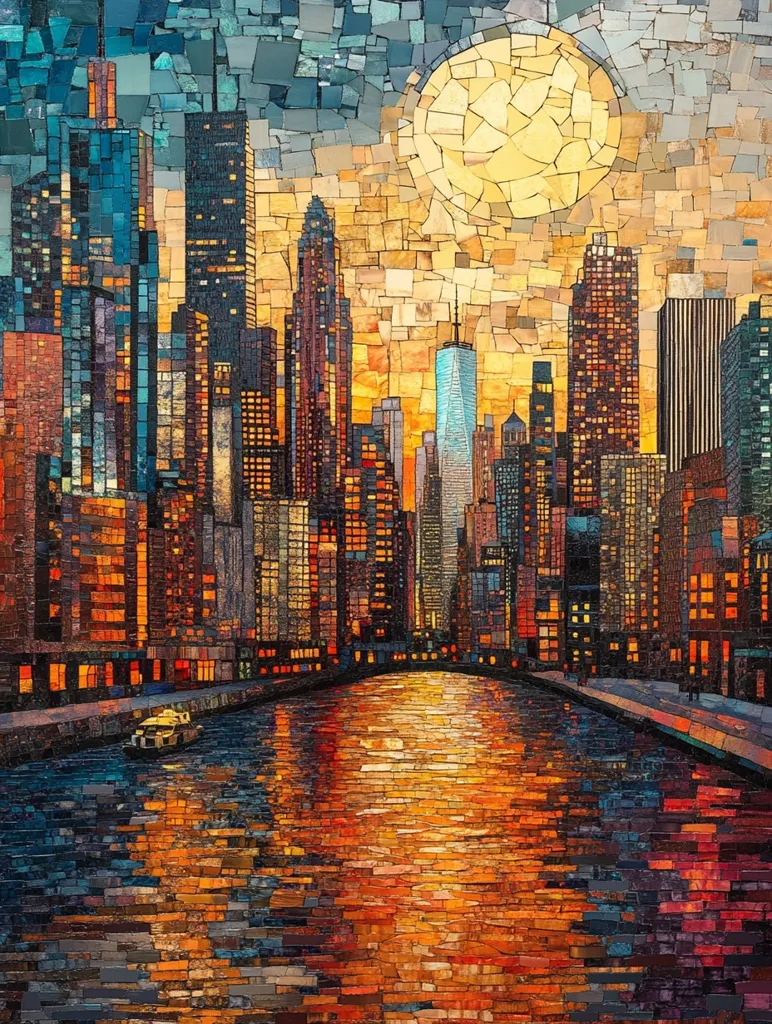 A mosaic artwork depicting a city skyline at sunset. The city is full of skyscrapers and buildings illuminated by the warm glow of the setting sun. A river runs through the foreground, reflecting the colors of the sky and the cityscape. The sun, represented by a large circle of mosaic tiles, hangs in the sky above the city. The artwork is made up of small, colorful tiles, giving it a textured and vibrant look.