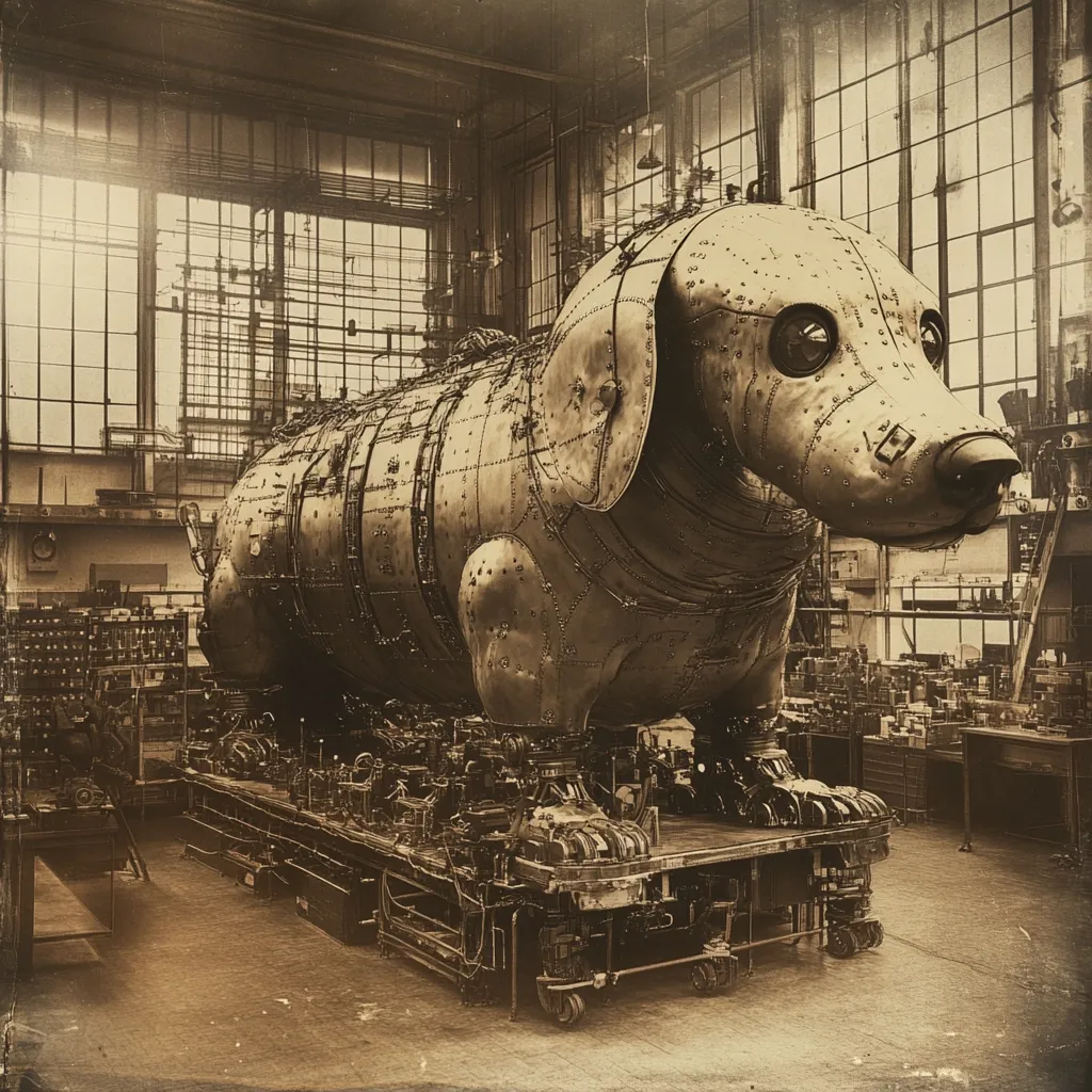 The image shows a large, metallic dachshund sculpture in an industrial setting, possibly a factory. The sculpture is made of metal plates, resembling a machine or a vehicle. Its large eyes and detailed features are visible. It is positioned on a platform with wheels, suggesting it is being transported or assembled. The image appears to be an old photograph, giving it a historical feel. The setting, with its large windows and industrial equipment, emphasizes the scale and complexity of the sculpture.  The overall impression is one of awe and wonder at the creation of such a monumental piece of art.