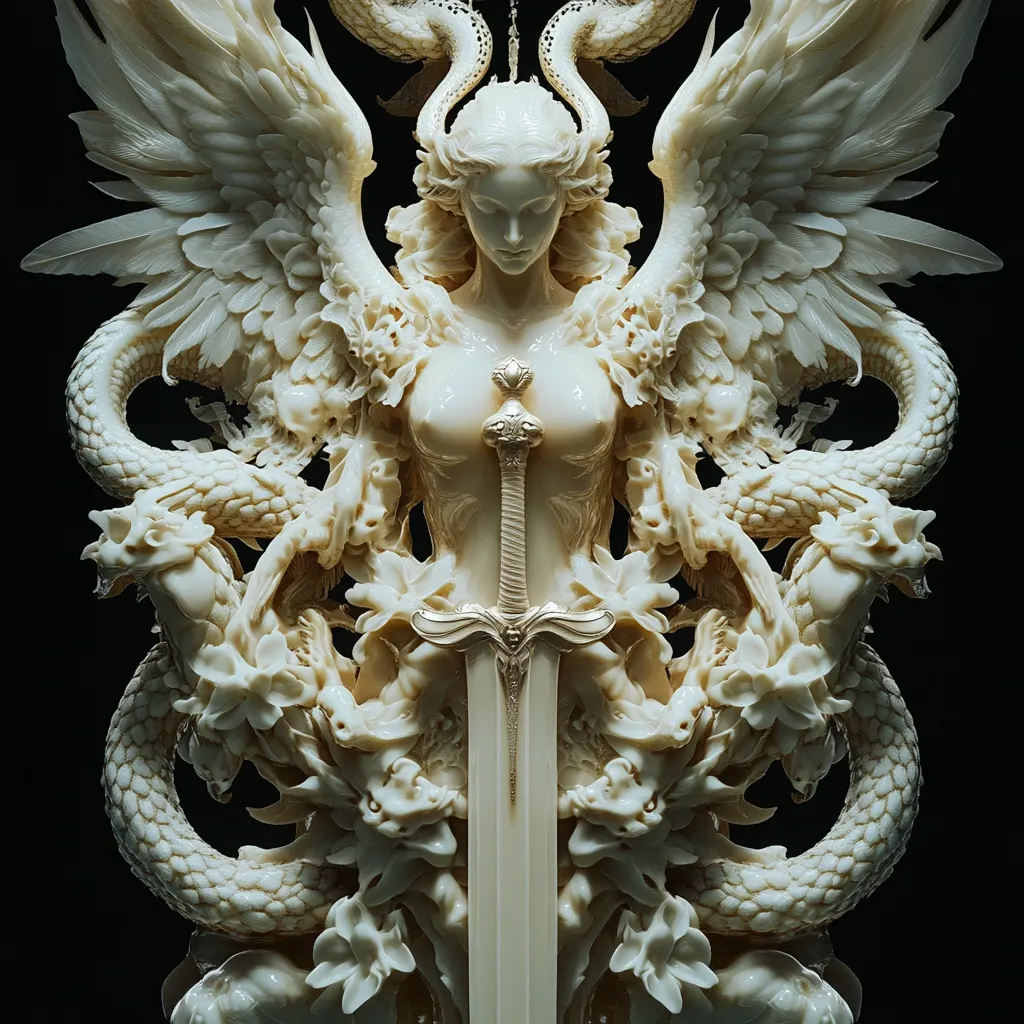 The image depicts a white, intricate sculpture of a female figure, possibly an angel, holding a sword. The sculpture is adorned with two large wings and two snakes coiled around her body. The intricate details of the sculpture and the stark contrast against the black background create a dramatic and captivating image.