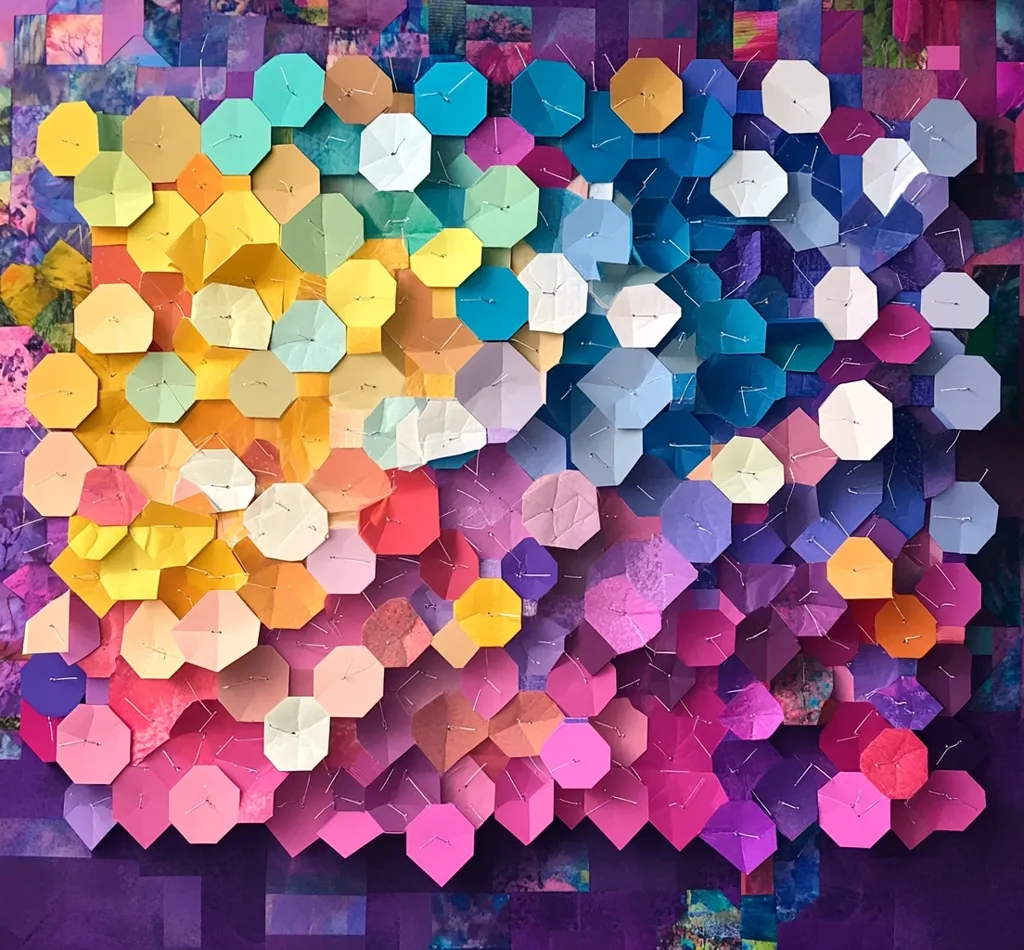 The image shows a colorful abstract art piece made of paper. The paper is cut into octagons and arranged in a pattern, overlapping each other. The colors are bright and vibrant, creating a playful and energetic feel. The piece is pinned to a purple background with seemingly random abstract shapes in the background.  The artwork gives the impression of a colorful honeycomb.  The image is a study in color and shape, creating a dynamic and visually engaging piece.