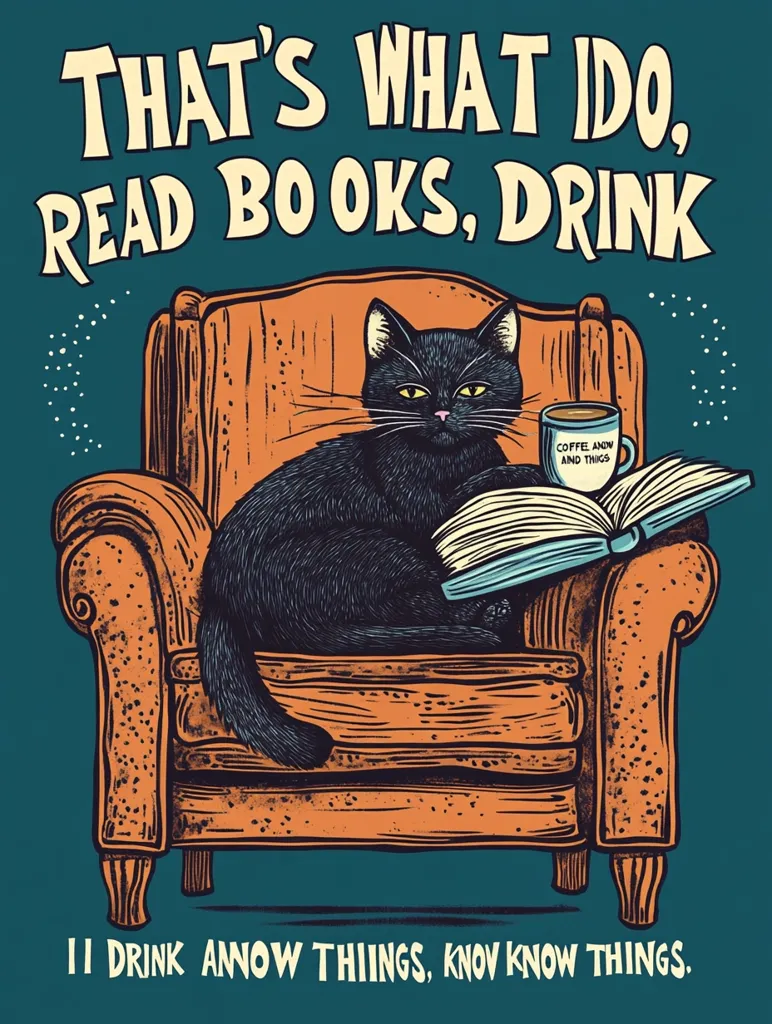 The image depicts a black cat sitting in an armchair and reading a book. The cat is holding a cup of coffee in one paw and has a relaxed, contented expression. The text above the cat reads "That's what I do, read books, drink", while the text below reads "I drink know things, know know things." The image is drawn in a cartoon style with bold outlines and a textured background. The overall tone is humorous and lighthearted.