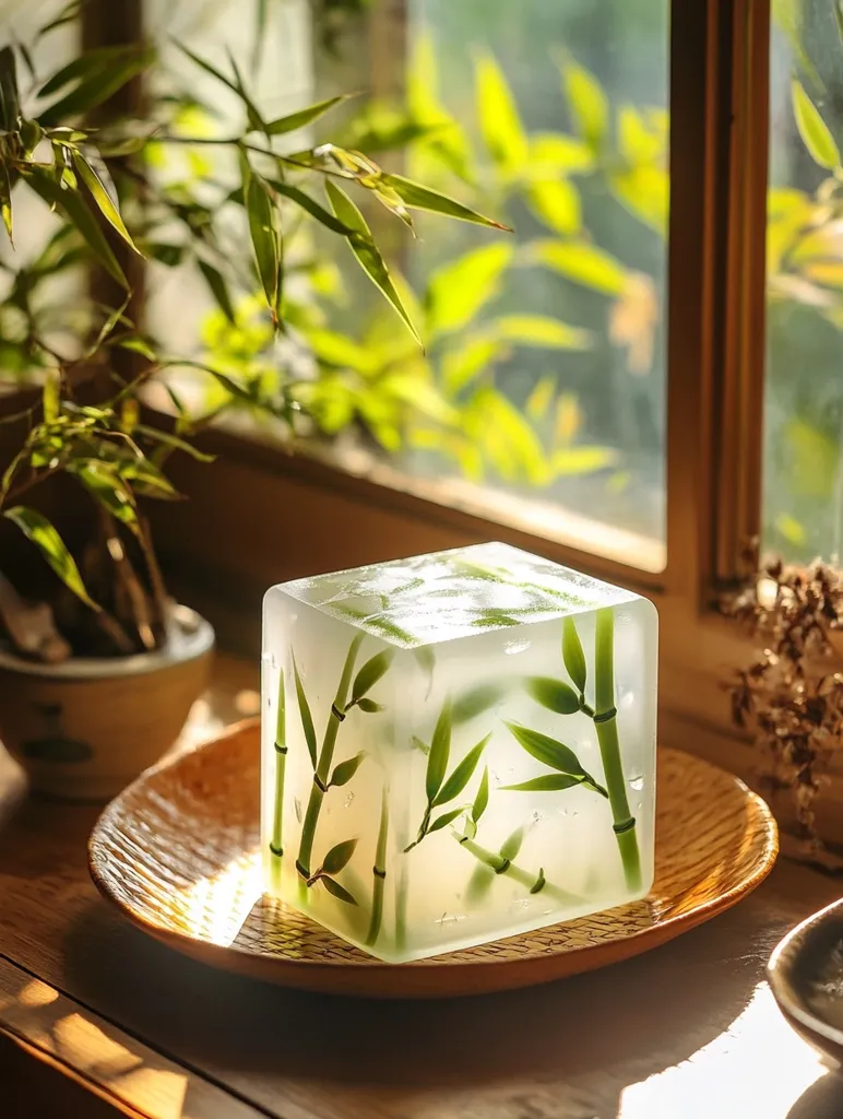 A translucent cube, encased in a wooden tray, sits on a wooden surface bathed in sunlight. Inside the cube, delicate green bamboo shoots are suspended, creating a sense of tranquility and nature's beauty. The cube is placed in front of a window with lush green foliage, providing a natural backdrop. The scene evokes a sense of calm and harmony.