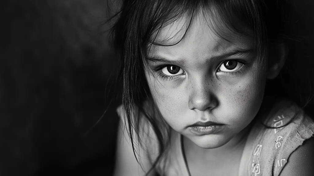 A black and white portrait of a young girl with dark hair and big, expressive eyes. Her face is close to the camera, and she is looking directly at the viewer with a serious expression. Her brow is furrowed and her lips are pursed, giving the impression of deep thought or sadness. The lighting is dramatic, emphasizing the contours of her face and highlighting her eyes.  The overall effect is intimate and emotional, hinting at a story that is yet to be told.