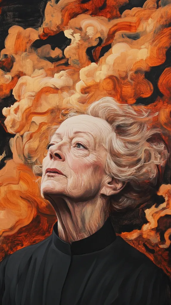 A close-up portrait of an elderly woman with short, gray hair, looking upwards with a serious expression. She is wearing a black, collared shirt and is positioned against a backdrop of swirling, orange and brown abstract brushstrokes that resemble smoke or clouds. The painting has a dramatic and ethereal quality.