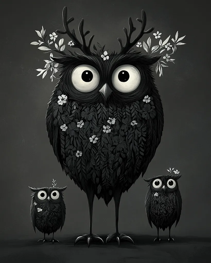 The illustration depicts three owls in a black and white colour scheme against a dark grey background. The largest owl has a crown of antlers adorned with small white flowers. All the owls are covered in a pattern of foliage and white blossoms. The larger owl stands tall with long legs, while the two smaller owls look up at it. The image has a whimsical and slightly eerie feel.