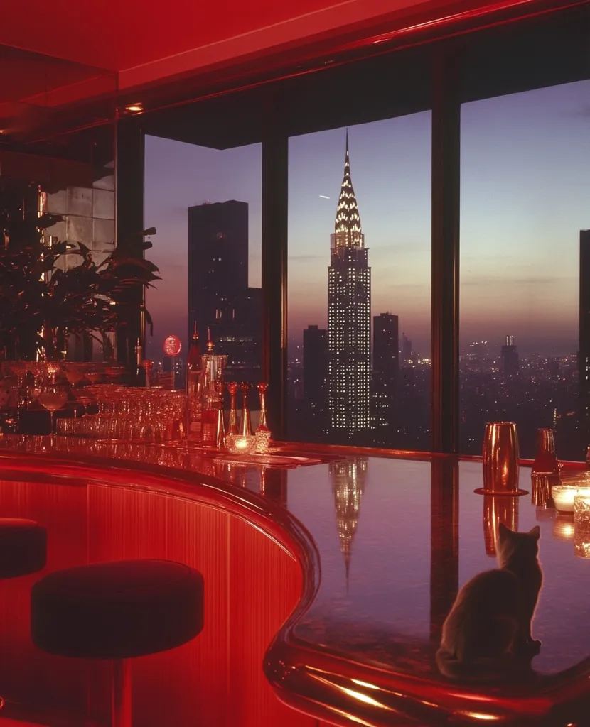A sleek, red bar with a curved counter and two stools sits beneath a large window overlooking a cityscape. The Chrysler Building, glowing with light, dominates the skyline. The bar is dimly lit, except for a reflection of the city lights that cast a warm glow across the surface. A cat lounges on the bar, looking out at the view.