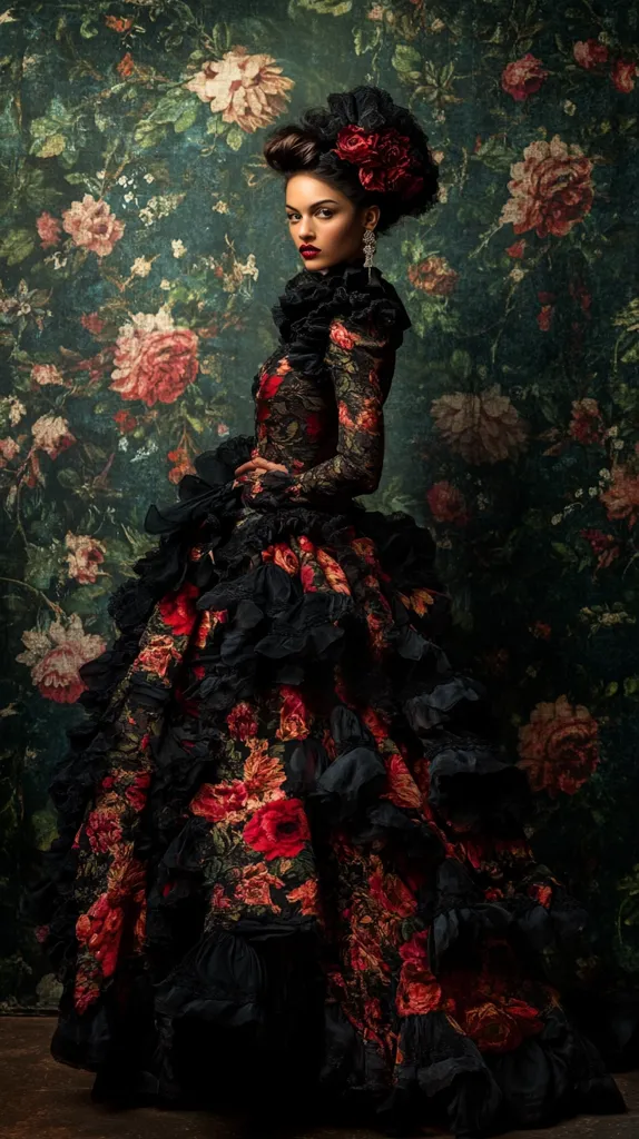 A woman in a black gown with red and black floral embroidery stands in front of a large floral patterned backdrop. She wears a black lace headpiece adorned with red flowers and has a dark makeup look. The gown has a dramatic, ruffled skirt that pools at her feet. The image is both dark and romantic, with a timeless quality.