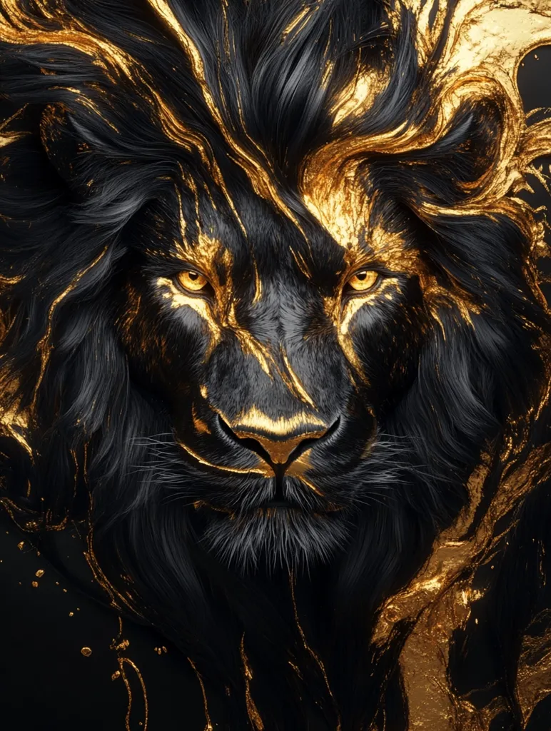 The image shows a close-up of a lion's face. The lion's fur is black, and its mane is highlighted with streaks of gold. The lion's eyes are intense and focused, staring directly at the viewer. The image is a striking and powerful depiction of a wild animal, with the gold adding a sense of luxury and grandeur. The texture of the lion's fur and the flowing gold create a dynamic and visually interesting image.  The background is dark, allowing the lion to stand out as the central focus.
