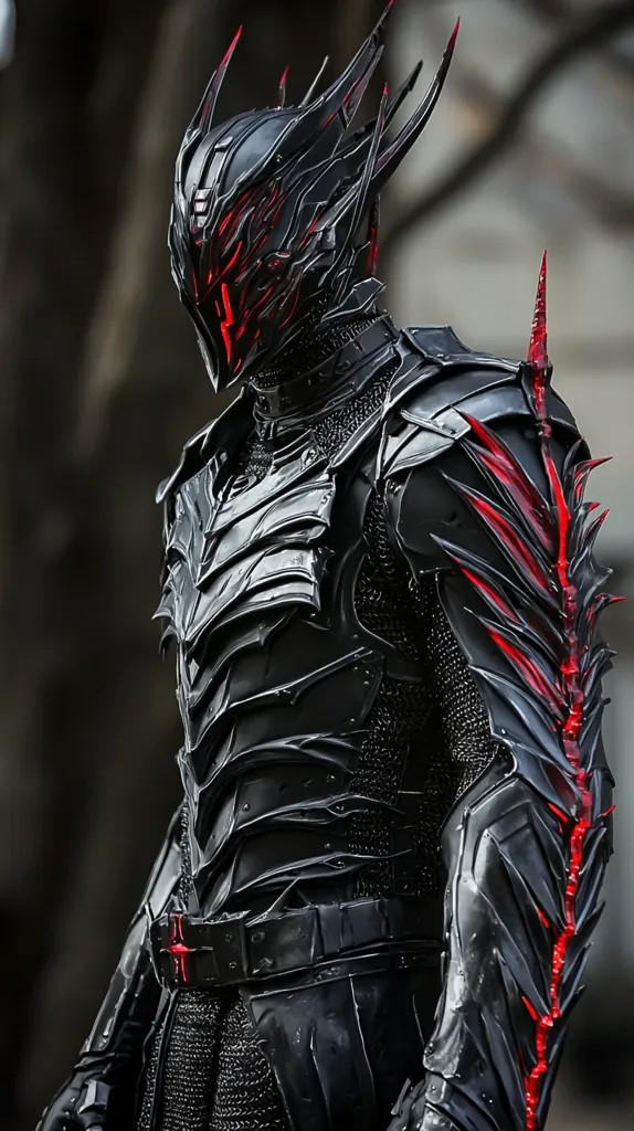 A knight is clad in intricately designed black armor with sharp, angular plates. The armor has accents of glowing red, especially on the helmet and a long, pointed piece on the right shoulder. The knight appears menacing and powerful.