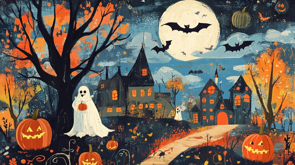 A whimsical Halloween scene with a large, full moon and a spooky, ghosted house. Bats fly overhead, a pumpkin sits in a tree and jack-o'-lanterns are scattered throughout the yard. A friendly ghost holds a smaller pumpkin and a spider walks across the path leading to the house. The overall feeling is of spooky fun.