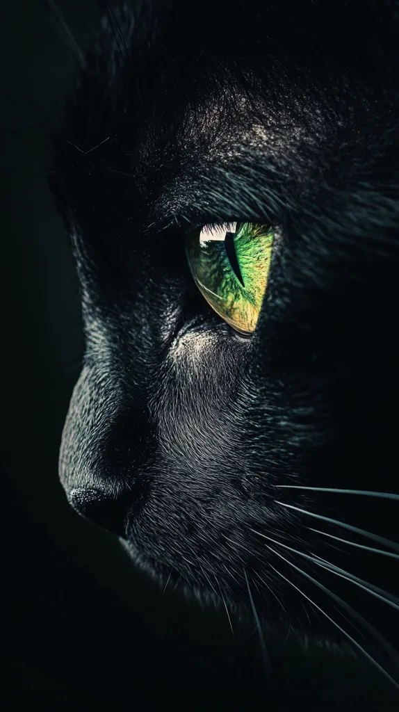 A close-up shot of a black cat's face. The cat's green eye is the focal point, surrounded by black fur and whiskers. The image is dark and moody, with a sense of mystery and intrigue. The cat's gaze is intense, suggesting a watchful and alert nature. The image captures the beauty and mystique of felines.