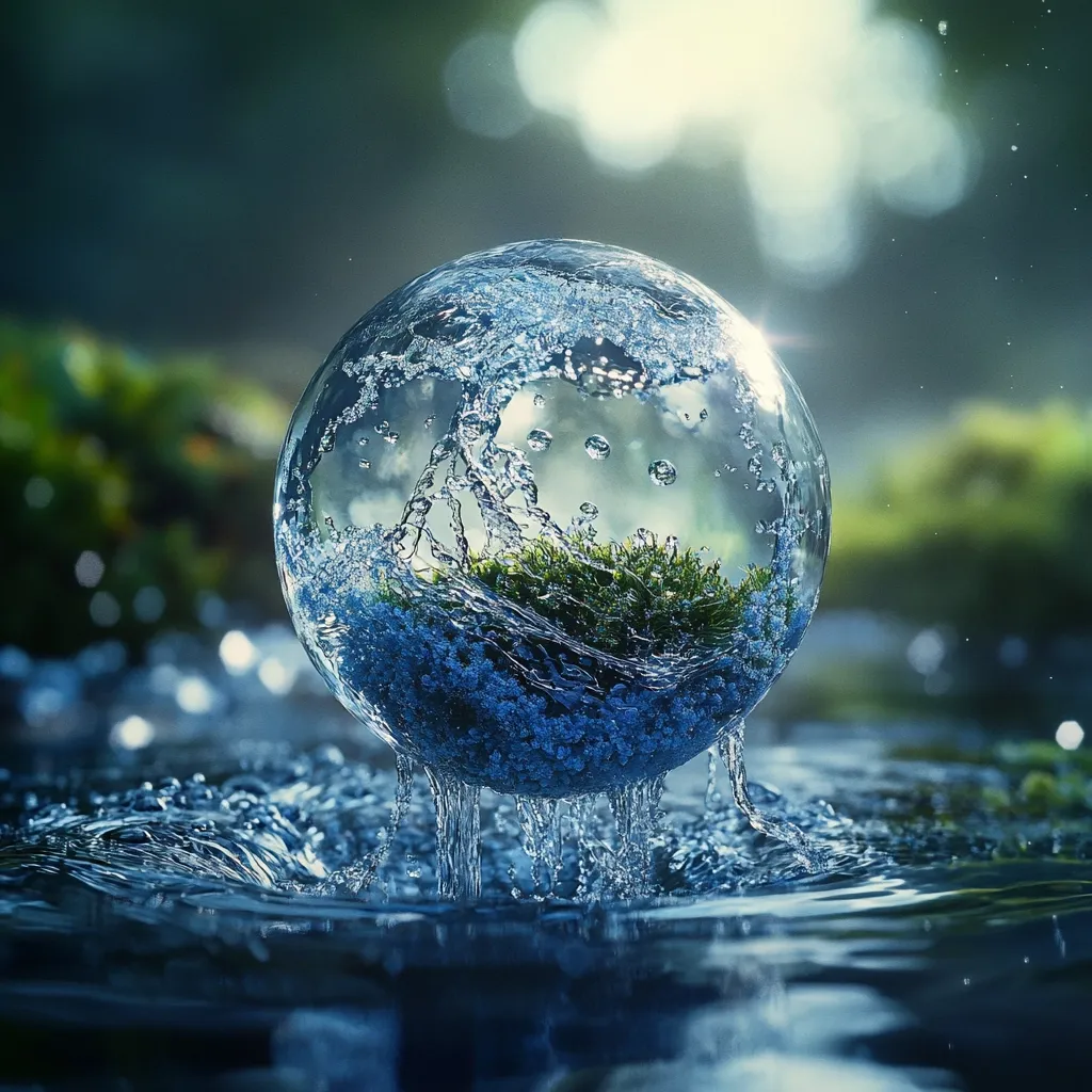 A large glass sphere filled with water sits on a rippling surface of water. Inside the sphere, a patch of green moss and blue flowers is encased within the sphere's water. The sphere appears to be about to burst open and release the water and foliage inside. The background is out of focus, with a green and blue hazy appearance.