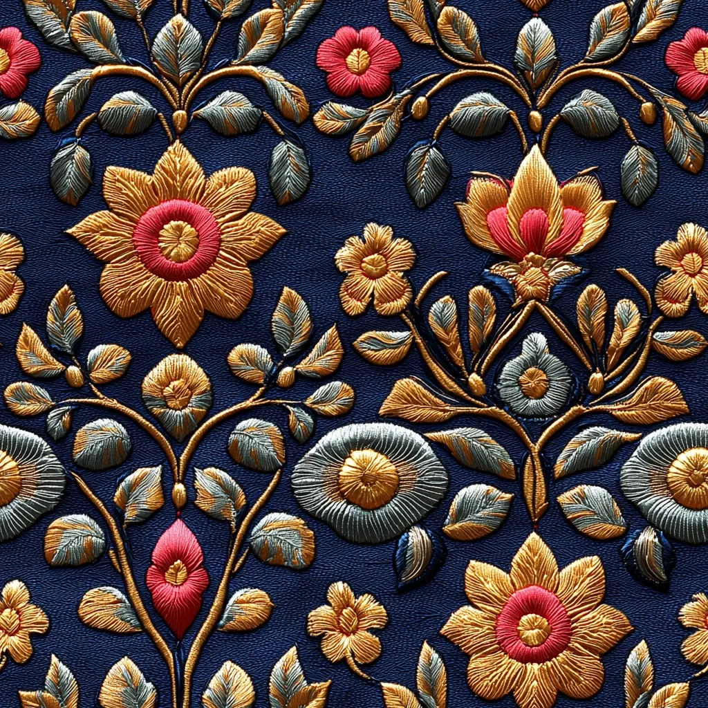 The image is a close-up of intricate embroidery on a dark blue fabric. The design features a repeating pattern of stylized flowers in shades of gold, red, and silver. The leaves are also embroidered in silver, adding to the intricate detail of the design. The embroidery is very detailed, with delicate stitches and intricate shapes. The overall effect is one of luxury and elegance.