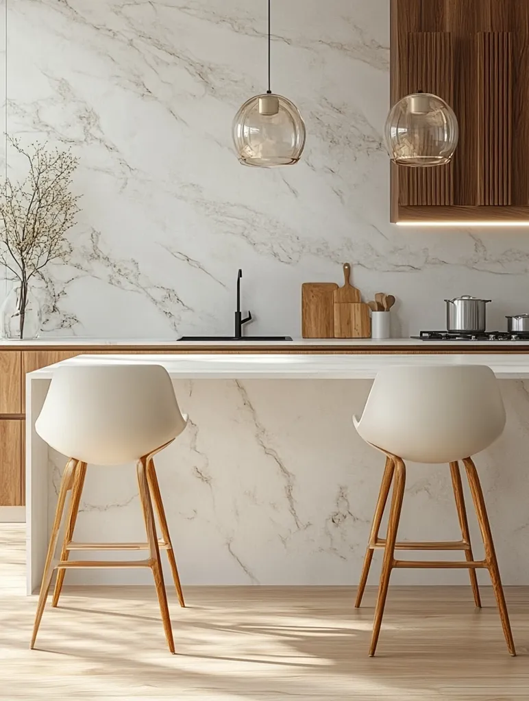 The image shows a modern kitchen with a white marble backsplash and wooden cabinets. Two white bar stools with wooden legs sit in front of a white marble countertop. Two glass pendant lights hang from the ceiling, illuminating the space. Sunlight streams through a window, casting a warm glow on the floor. The kitchen is clean, minimalist, and inviting.
