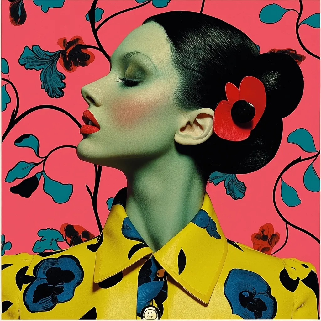 A woman with green skin and black hair adorned with a large red flower is the focus of this image. She wears a bright yellow shirt with blue flowers and looks upward, her eyes closed, lips painted red. The backdrop features a vibrant pink color and stylized black and blue floral patterns. The image is stylized, with vivid colors and sharp lines.