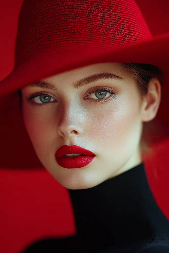 A woman with bright red lipstick and a matching red hat looks directly at the camera. Her face is soft and her eyes are bright green. The background is also red, providing a vibrant and eye-catching image. The lighting is dramatic and focused on her face.  The black turtleneck adds a touch of mystery.  She is the subject of a close-up portrait.