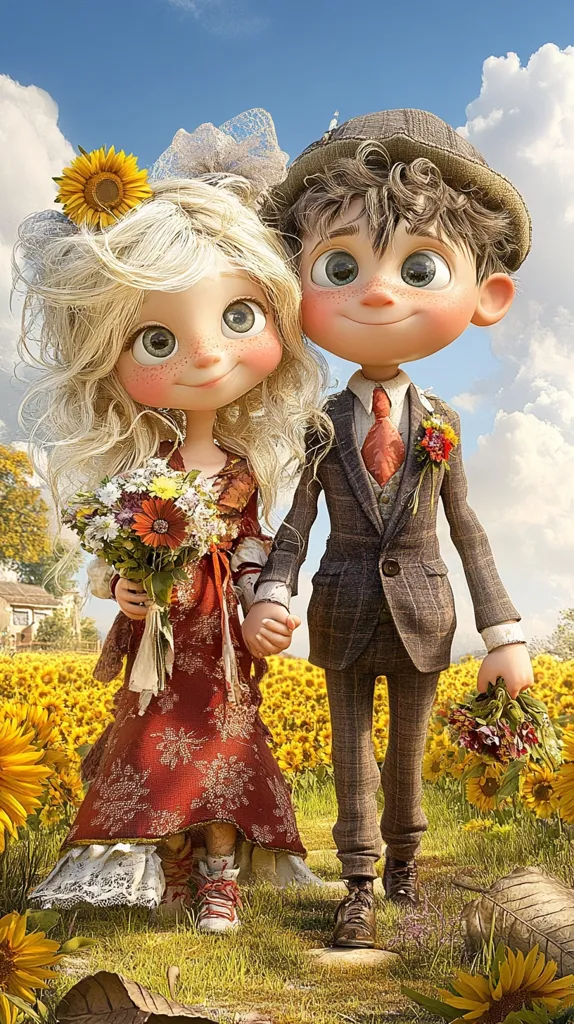 A cartoon couple, a girl in a red dress and a boy in a suit, are standing in a field of sunflowers. The girl is holding a bouquet of flowers, and the boy is holding a smaller bouquet.  The girl's hair is long and blonde, and the boy's hair is brown. They are both smiling and look happy. The background is a blue sky with white clouds.  They appear to be in love and are possibly celebrating a special occasion.