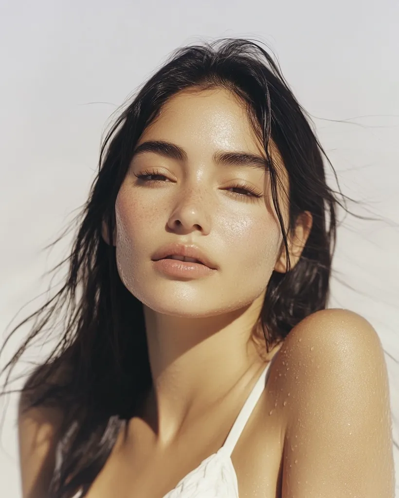 A young woman with long, dark hair looks directly at the camera with a soft, contemplative expression. Her skin is dewy and slightly sun-kissed, and her eyes are framed by defined brows. She wears a white halter top, and her shoulder is glistening with water droplets. The background is a blur of white, suggesting a bright and sunny environment.  The overall feeling of the image is one of natural beauty and serenity.