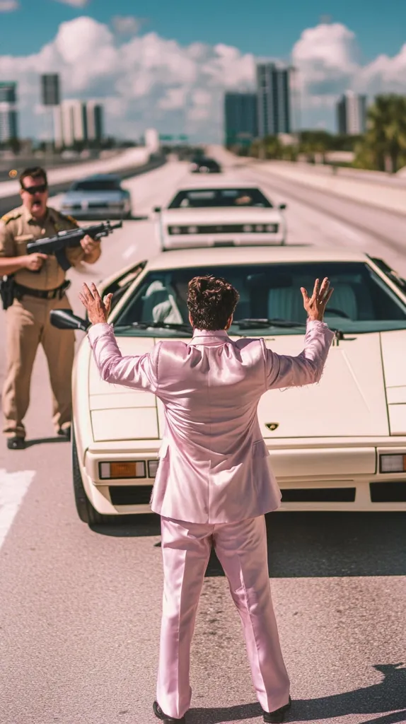 A man in a bright pink suit is standing in front of a white sports car. He is raising his arms in the air. A police officer with a gun stands on the left side of the frame.  The car is on a highway with other cars driving by.  The scene is set in Miami, Florida.  The overall impression is one of excitement and danger.
