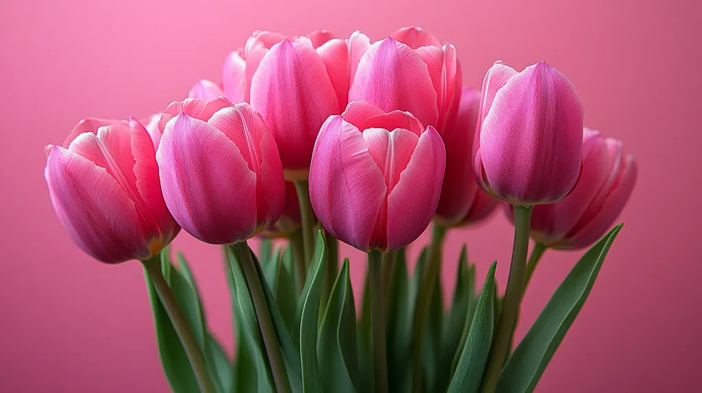 A bouquet of pink tulips with green stems and leaves stands against a soft pink background. The tulips are in various stages of bloom, with some fully open and others still in bud. The image evokes a sense of spring and new beginnings.