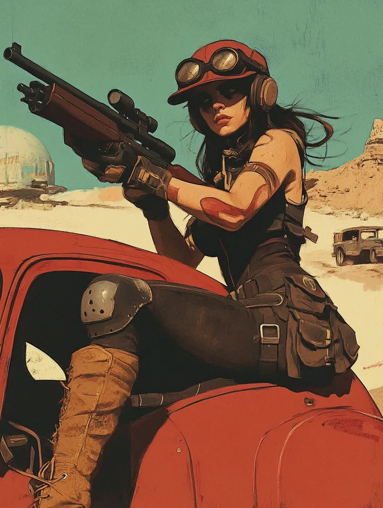 A woman in a red cap and goggles is holding a rifle. She is wearing a black top, pants, and boots. She is sitting on a red car in a desert setting. A second vehicle, a green jeep, can be seen in the background.  The image is painted in a comic book style, with bold colors and defined lines. The woman's expression is serious and focused.