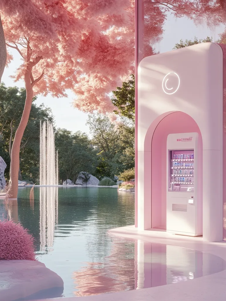 A pink vending machine stands next to a serene pond with a fountain. Lush pink trees frame the scene, creating a whimsical and surreal atmosphere. The reflection of the vending machine in the water adds to the dreamy ambiance. The machine's minimalist design and the soft lighting create a sense of tranquility.