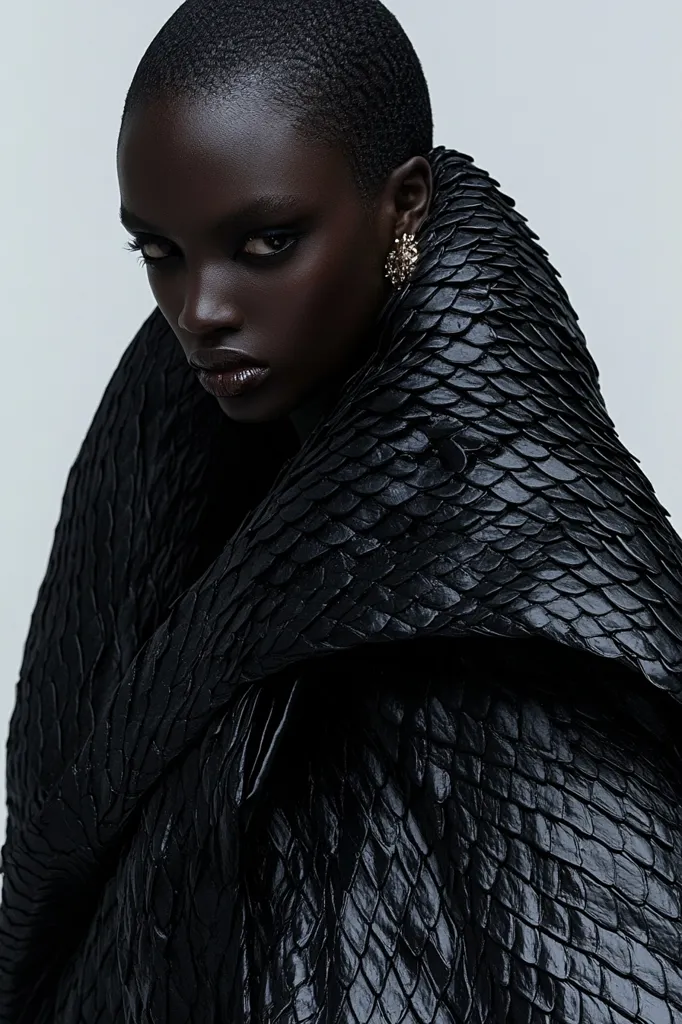 A close-up portrait of a woman with dark skin and a shaved head. She wears a black leather jacket with a scaly texture that drapes over her shoulders and partially covers her face. Her eyes are dark and intense, with defined brows and subtle makeup. A small gold earring hangs from her left ear. The image is shot against a plain white background, creating a sharp contrast and emphasizing the textures of her skin and the jacket. The overall mood is one of mystery and intrigue, suggesting a powerful and enigmatic persona.