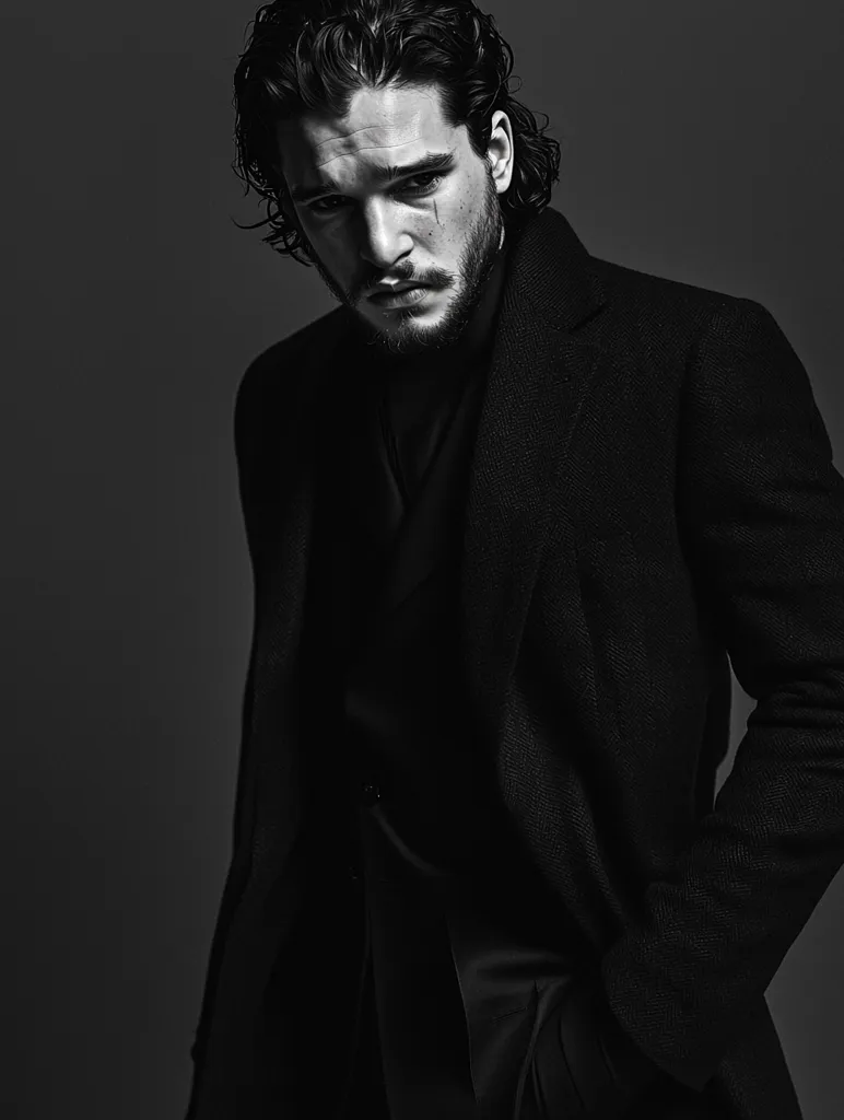 The image shows a man with dark hair and a beard, wearing a black suit jacket. He is standing in front of a gray background, with his head tilted slightly to the side. The lighting is low, creating a sense of mystery and intrigue.  The man's expression is serious and intense, suggesting that he is a person of power and determination.