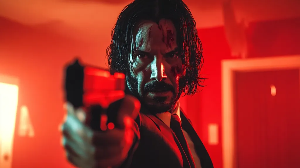 A man with dark hair and a goatee, wearing a black suit and a white shirt, holds a gun in his right hand, his face grim and focused. His face is marked with blood, suggesting a recent struggle. The background is a blurry red, highlighting the man's intense gaze and the seriousness of the situation. The image is dark and gritty, evoking a sense of danger and suspense.