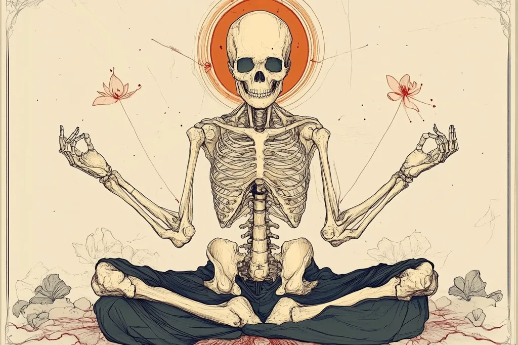 A detailed drawing of a skeletal figure in a meditative pose, sitting cross-legged with hands in the chin mudra. The figure is surrounded by a light orange halo with two pink lotus flowers to the left and right. The skeletal form wears a dark blue garment with a white background.