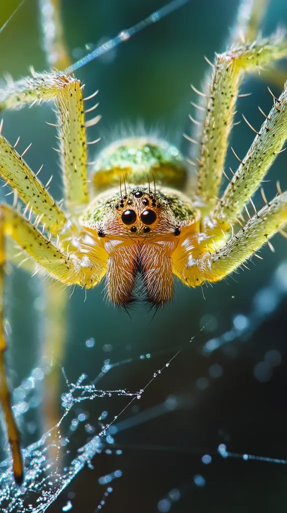 A close-up shot of a spider with yellow and green markings, facing the camera. Its hairy legs extend out from the center of the frame, and its large, dark eyes are prominent. The spider is perched on a web, which is visible in the background. The web is covered in dew drops. The background is a blurred green. The image is a striking example of macro photography, showcasing the intricate details of the spider's anatomy.