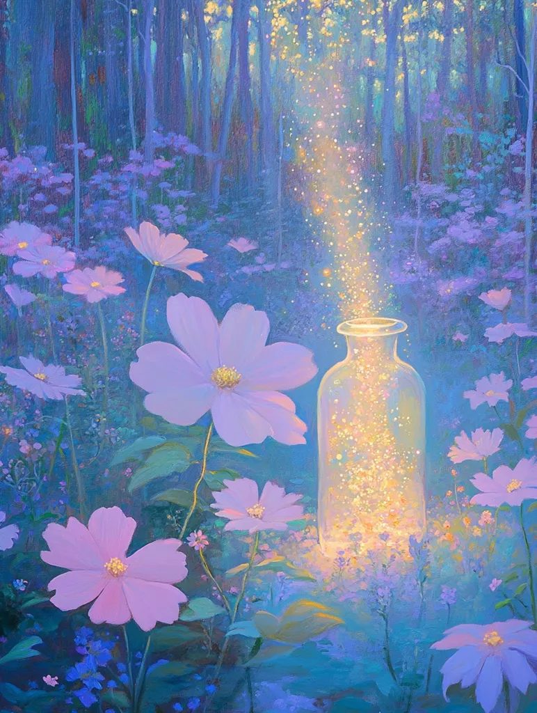 The image depicts a magical scene with a glass bottle filled with shimmering golden light, surrounded by delicate pink flowers and a soft blue, ethereal background.  A whimsical mist of light escapes the bottle, creating an enchanting atmosphere in the forest clearing. The painting evokes a sense of wonder and the beauty of nature.