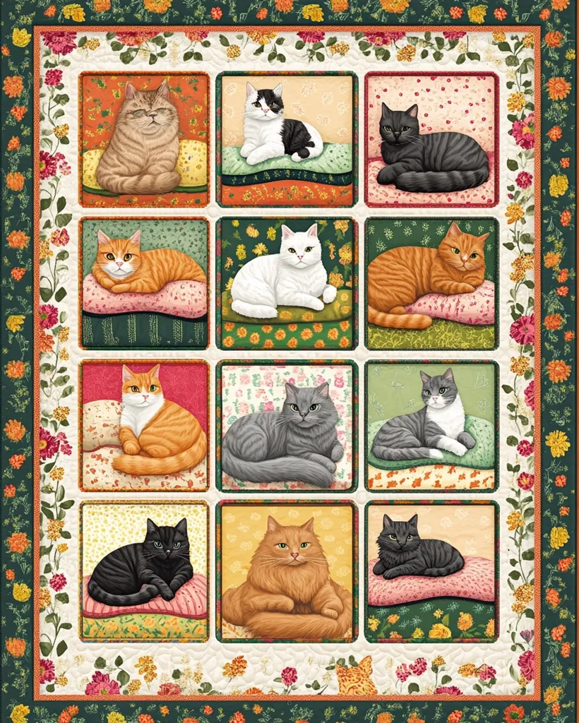 The image shows a quilt with a floral pattern, featuring twelve different cats in various poses. Each cat is in its own square, with each square surrounded by a floral border. The cats are arranged in a grid of four rows and three columns. They are depicted on cushions, each featuring a different pattern. The background is a cream color, providing a neutral backdrop for the colorful cats and floral patterns. The quilt evokes a sense of warmth and coziness, making it perfect for a cat lover's home.