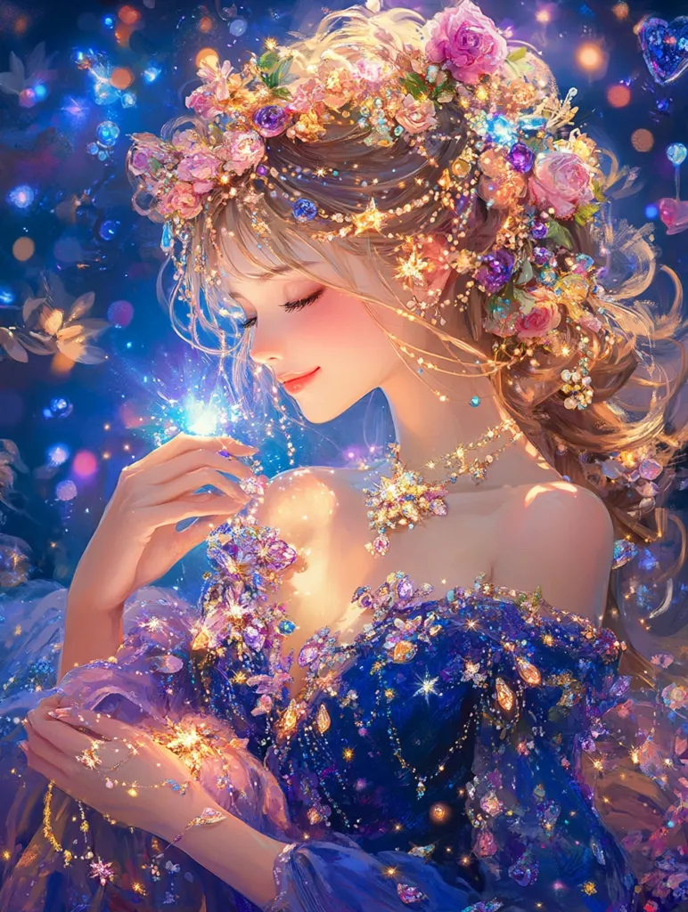 The image depicts a beautiful, ethereal woman with long blonde hair adorned with flowers and jewels. She is wearing a stunning blue gown with intricate detailing and a glowing, ethereal light emanating from her. The image is set against a backdrop of sparkling lights and stars, creating a magical and enchanting atmosphere. The woman's expression is one of gentle serenity, suggesting a sense of peace and tranquility.  The overall feel of the image is whimsical and dreamlike.