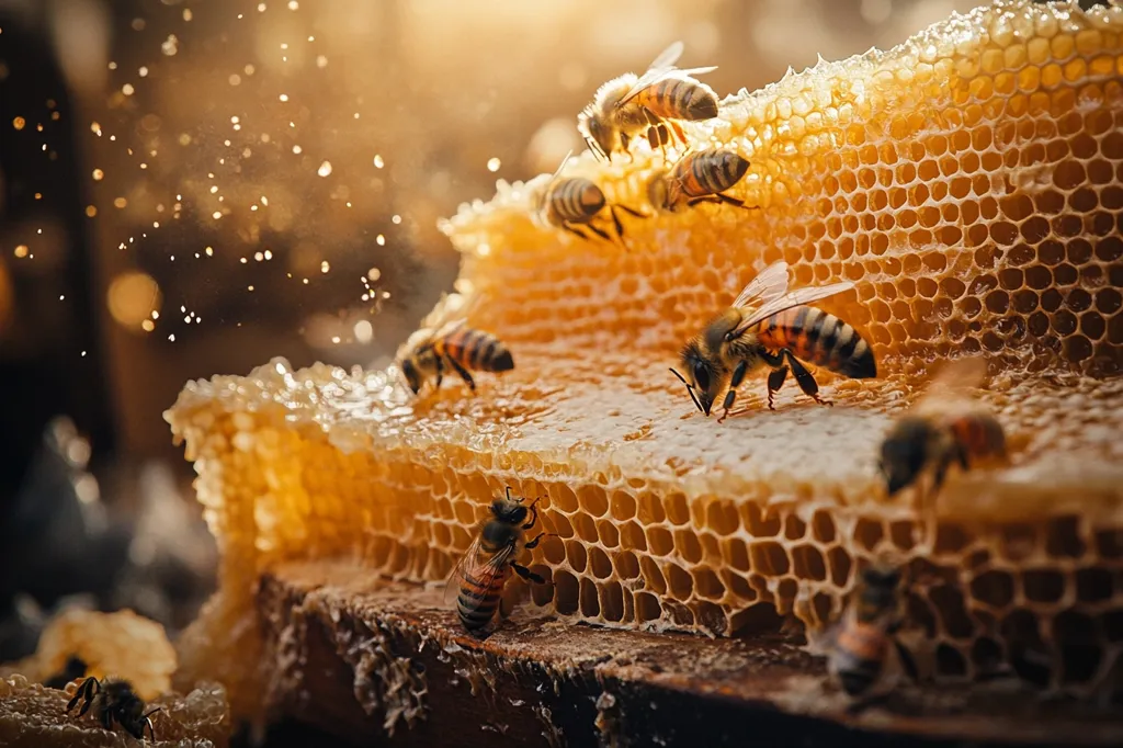 A close-up shot of a honeycomb, glistening with honey, with several bees crawling on and around it. The warm light casts a golden glow on the scene, while water droplets in the air create a shimmering effect. The image highlights the intricate structure of the honeycomb and the busy activity of the bees.