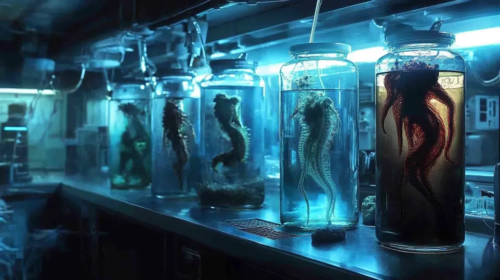 A series of glass jars containing preserved sea creatures sit on a stainless steel counter in a laboratory. The jars are filled with a clear liquid and illuminated by bright blue fluorescent lights. The creatures include several seahorses and an octopus-like creature, their bodies twisted and contorted. The overall tone of the image is eerie and unsettling.