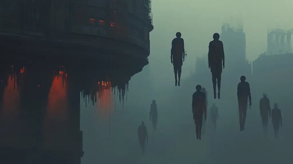 A group of shadowy figures walk through a foggy, dystopian landscape. They are surrounded by the remnants of a crumbling city, with a large, ominous building looming in the background. The figures appear to be floating or walking on air, suggesting a supernatural or otherworldly element. The overall atmosphere is eerie and unsettling, hinting at a sense of loss and desolation.