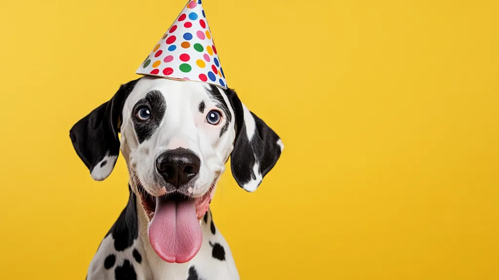 A Dalmatian dog with a colorful party hat on its head smiles and sticks out its tongue against a bright yellow background. The dog's eyes are bright blue and its black and white spotted fur is visible. The dog's playful expression suggests a joyful celebration.
