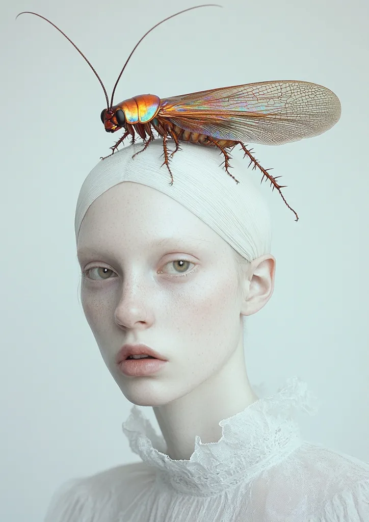 A woman with pale skin and a white headband is wearing a white lace top. A large, iridescent cockroach is perched on her head. The lighting is soft and the background is a pale blue. The image has a surreal and unsettling quality.  The woman's expression is neutral, but her eyes are slightly widened, as if she is surprised or apprehensive. The cockroach is the focal point of the image and its presence creates a sense of unease.