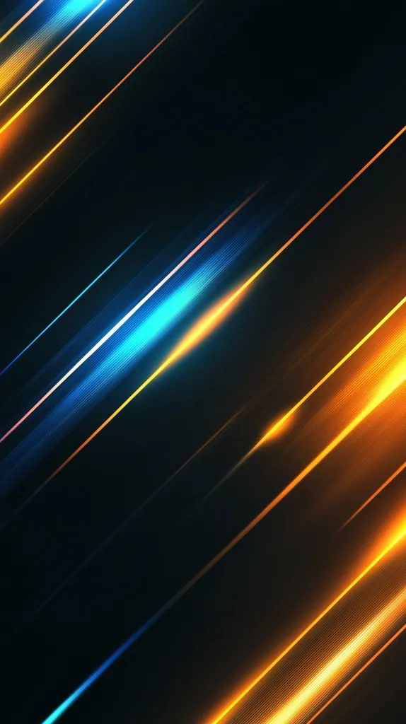 The image features a dark background with diagonal lines of bright light. The lines are various shades of orange, yellow, and blue, creating a dynamic and futuristic aesthetic. They appear to be moving in a diagonal direction from the upper left corner to the lower right corner, suggesting a sense of speed and motion.  The overall effect is vibrant and energetic.