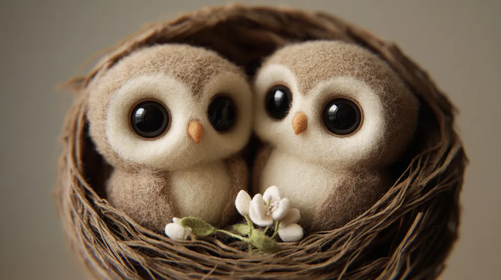Two adorable, intricately crafted felted owls, with large, expressive eyes, are nestled together in a woven nest. Delicate white flowers adorn the nest, creating a charming and whimsical scene. The owls' soft, fluffy texture and sweet expression evoke a sense of warmth and tenderness. The image captures a moment of quiet intimacy and gentle beauty.