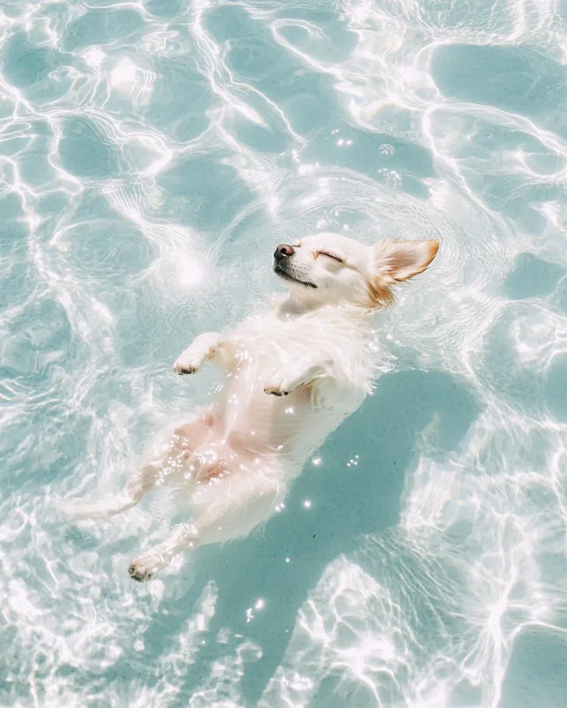 A small white dog floats on its back in a clear blue swimming pool. The dog's eyes are closed and its paws are relaxed, suggesting it is enjoying the cool water. The sunlight glistens on the surface of the pool, creating a sparkling effect. The dog's fur appears white against the bright blue water, highlighting its carefree attitude.  The image captures a moment of pure canine bliss, a perfect example of a dog living its best life.