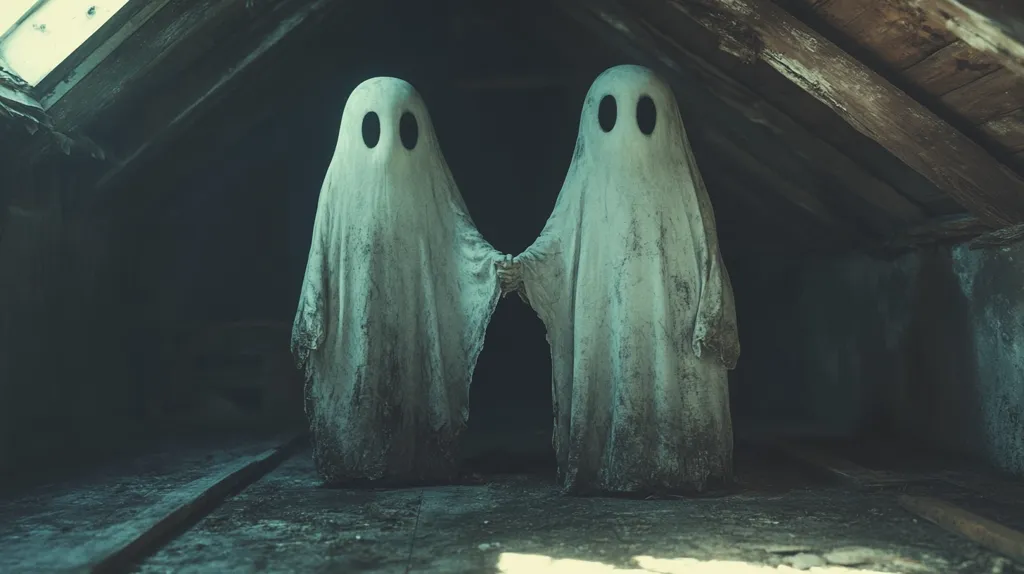 Two ghostly figures stand in the shadowy attic of an old house, their white, translucent forms illuminated by a single ray of light. Their faces are hidden by their ethereal robes, leaving only the faintest hint of their presence. The wooden beams overhead add to the sense of age and decay, creating an unsettling atmosphere.  The air is thick with the weight of secrets and forgotten memories.
