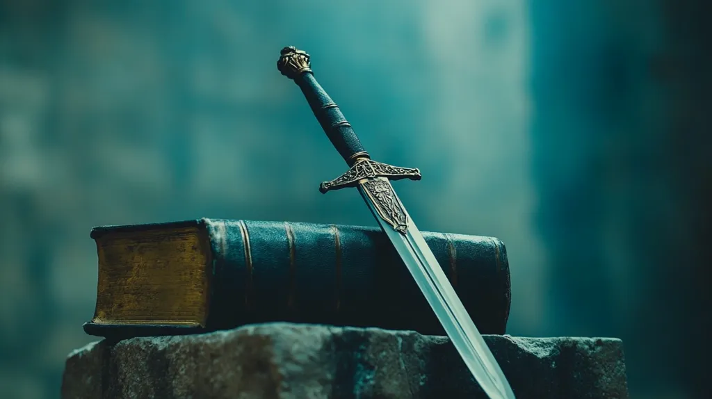 A medieval sword, adorned with intricate gold details, lies across a closed, leather-bound book. The blade, gleaming silver, points towards the right. The scene is set against a blurred background of teal and gray, evoking a sense of mystery and antiquity. The composition suggests a connection between knowledge, power, and history.