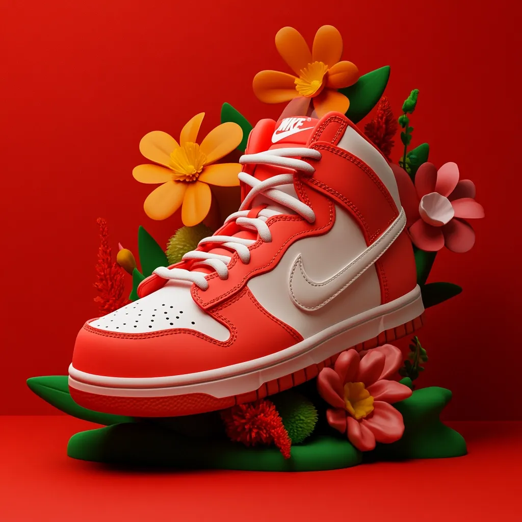A bright red and white Nike high-top sneaker sits atop a bed of colorful, cartoonish flowers. The sneaker is accented with a white swoosh and sits on a white rubber sole. The background is a solid red, creating a vibrant and playful image.