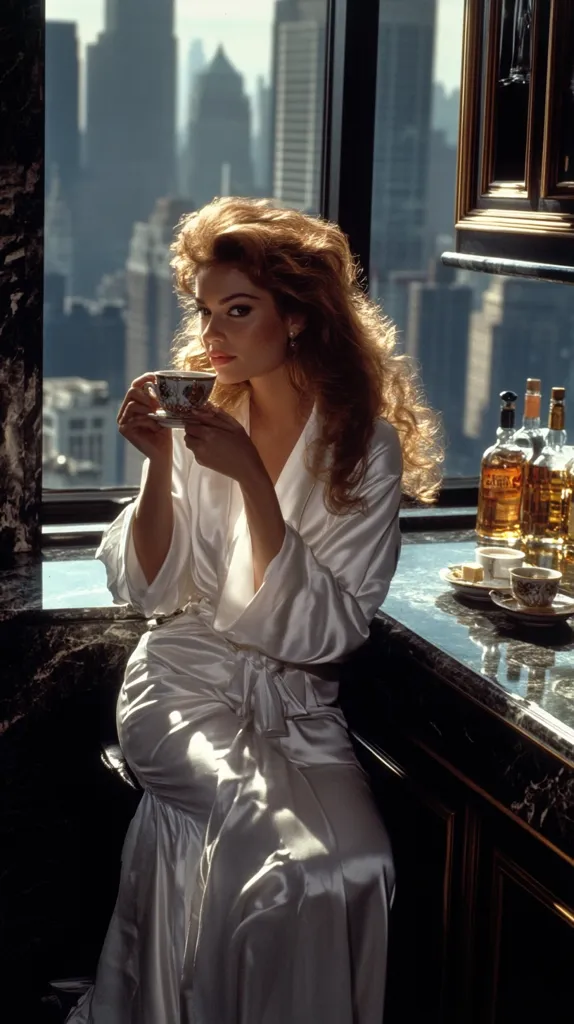 A woman with long blonde hair, wearing a white satin robe, sits by a window overlooking a city skyline. She holds a teacup in her hands,  with a contemplative expression. The image is shot with a warm, inviting light. Bottles of liquor are visible on the counter beside her, and the city lights twinkle in the distance. The overall mood of the image is sophisticated and luxurious.