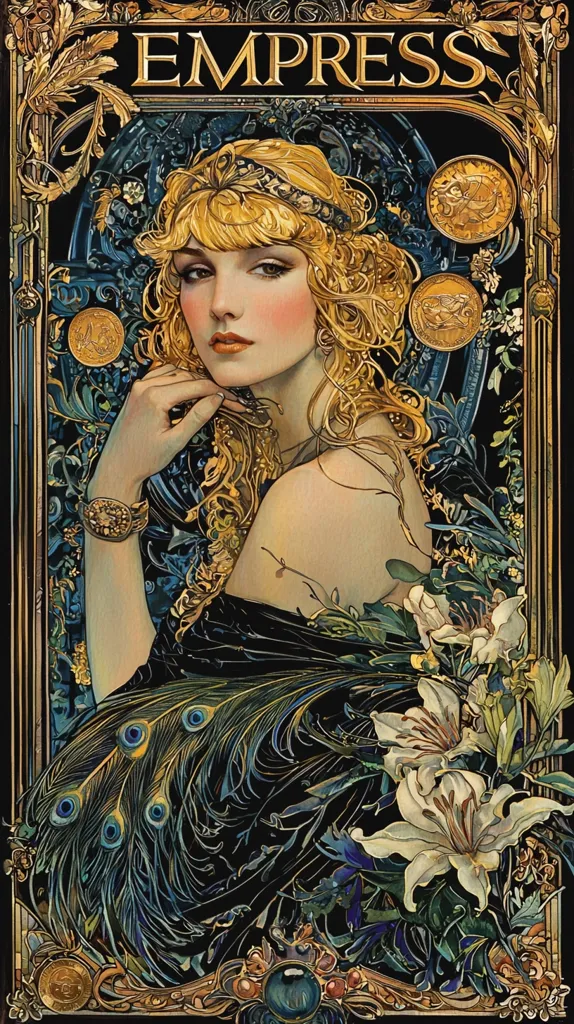 The image is a painting of a woman in a black dress with peacock feathers. The woman is wearing a gold headpiece and has long blonde hair. She is sitting in a garden with white lilies and green leaves. The word "Empress" is written in gold letters at the top of the image. The painting is surrounded by an ornate gold frame. The style of the painting is reminiscent of Art Nouveau.