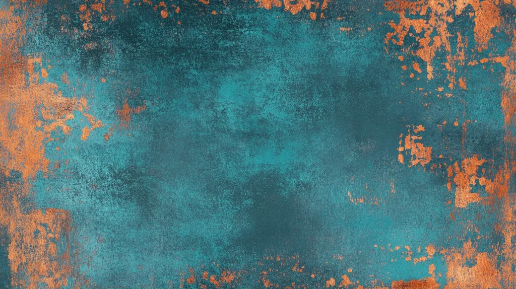 The image is a close-up of a textured surface. The dominant color is teal, with patches of copper-colored metallic paint. The surface appears to be made of metal, possibly copper, with a rough, worn texture. The copper paint has chipped and flaked off, revealing the teal surface beneath. This creates a unique and interesting visual effect. The overall impression is one of age, wear and tear, and a hint of metallic sheen.